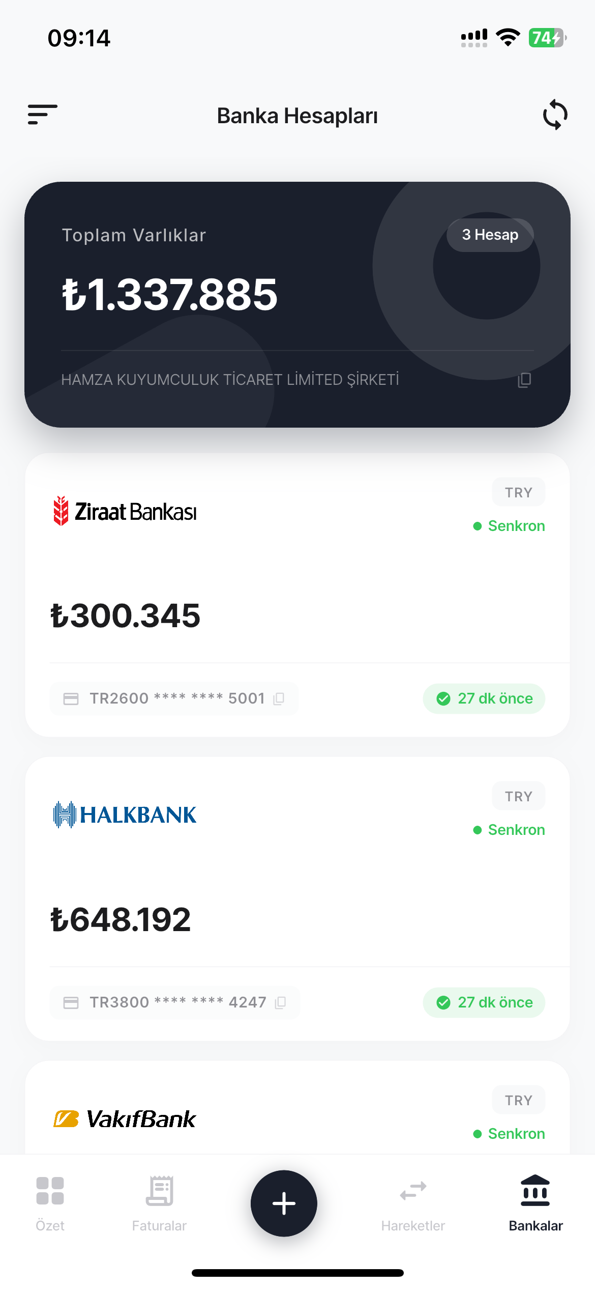 Banka hesapları ve anlık bakiye takibi