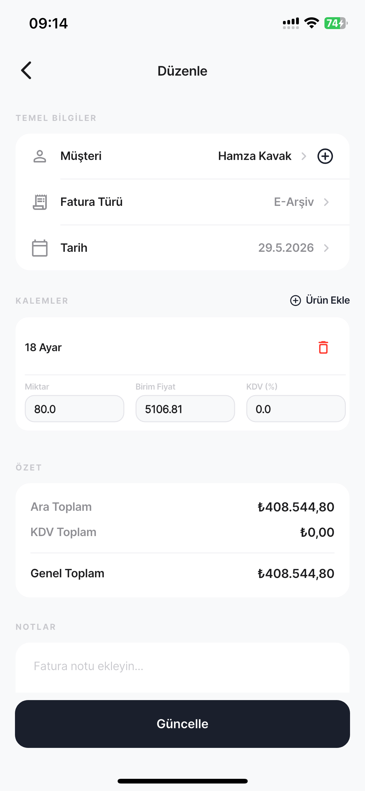Mobilden hızlı fatura oluşturma